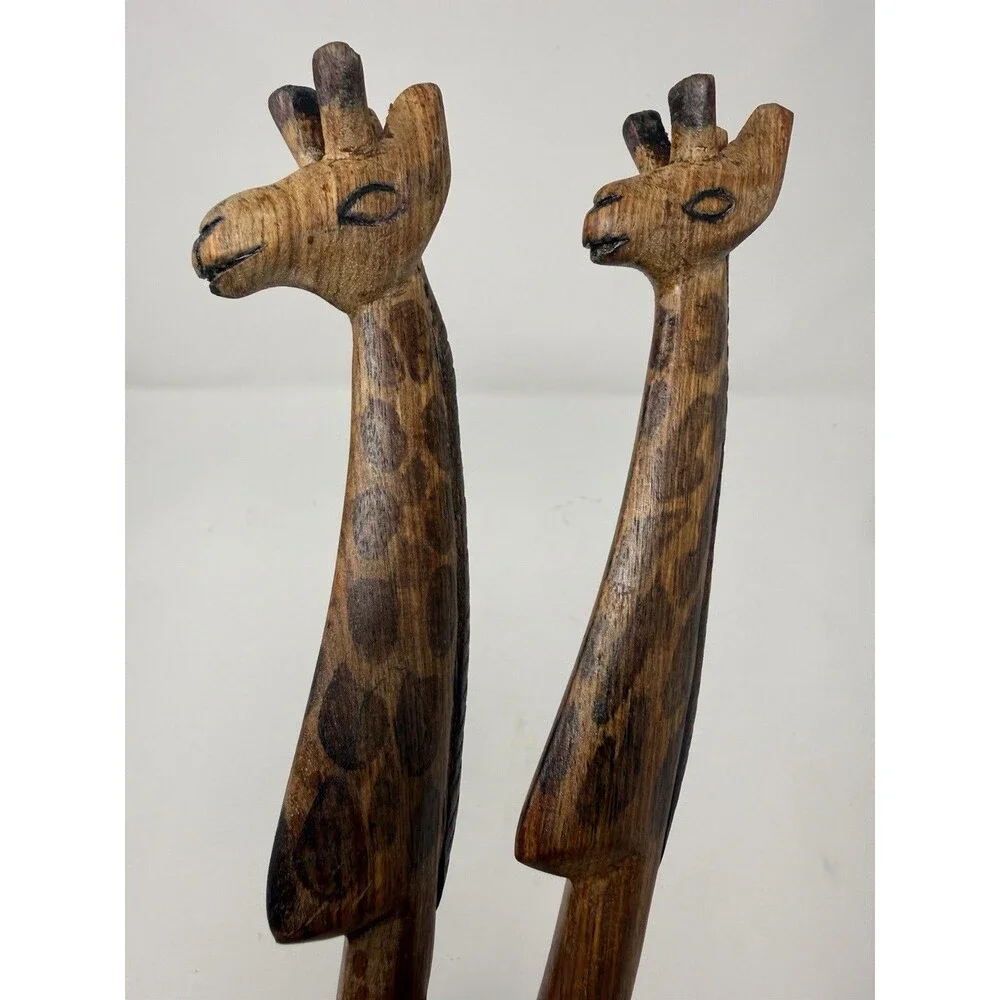 5pc Wood Serving Set 12in Bowl Spoon Fork Carved Giraffe Handles African